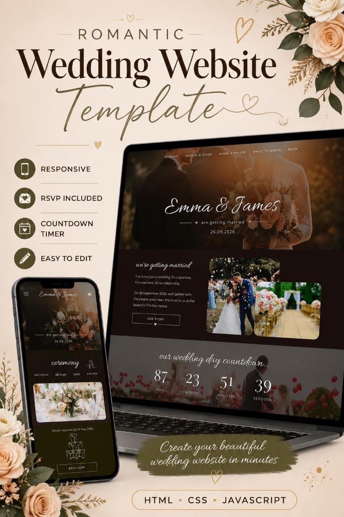 Romantic Wedding Website Template shown on laptop and mobile