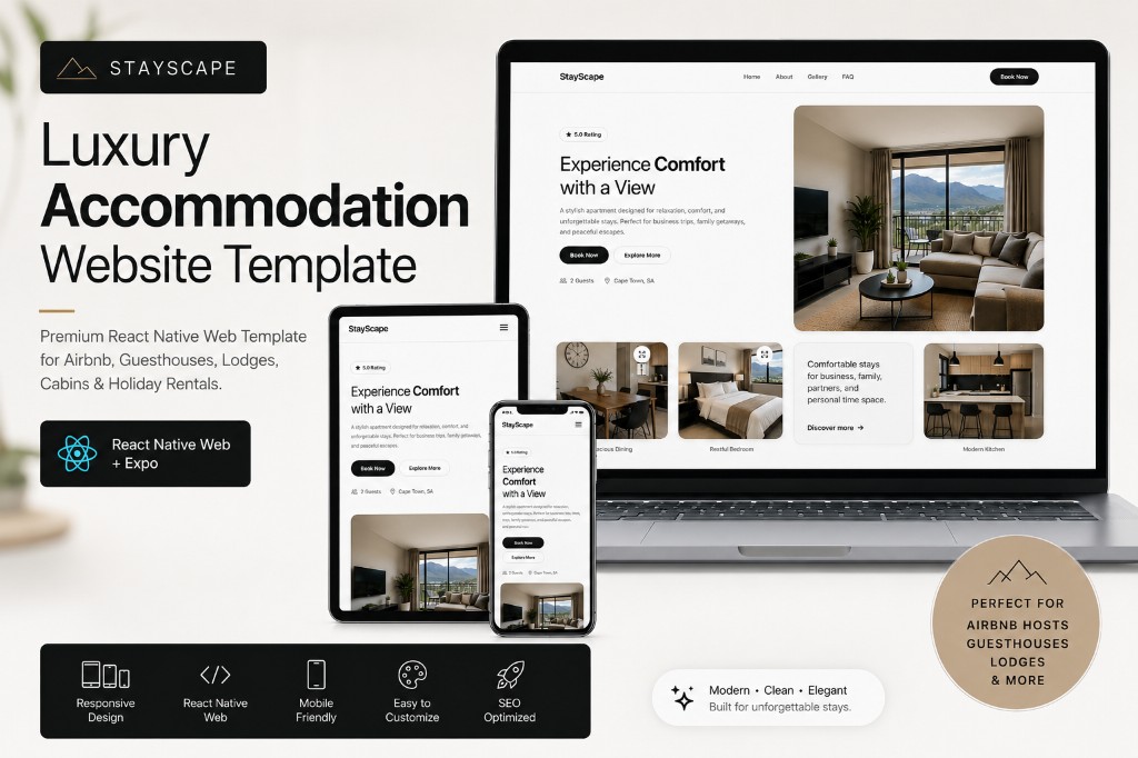 StayScape luxury accommodation website template on laptop, tablet and phone